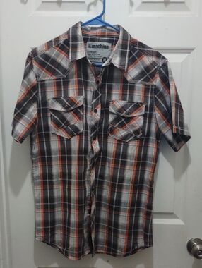 Machine Short-Sleeve Plaid Button-Down Shirt in Black, White & Orange